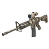 NcStar NcSTAR VSTP3940GV3T Mark III Tactical 3-9X40/P4 Sniper Scope - Tan, mounted on a tactical rifle with camouflage pattern, featuring a long barrel, a scope with blue tint, and tactical accessories.