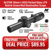 NcStar NcSTAR SEEFL1624G 30mm 1-6X24 Etched Glass LPV Reticle Green/Red Illumination Scope, black riflescope mounted on a firearm with detailed specifications highlighting 30mm tube diameter, 1-6X magnification, 24mm objective, etched glass reticle, and green/red illumination.