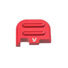 Strike Industries SI-GSP-G42-V2-RED Slide plate for Glock G42 V2, red anodized firearm accessory with two raised ridges and a logo at the bottom.