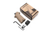 Strike Industries SI-AK-MAPG-FDE AK Multi-Angle Pistol Grip in FDE, shown with packaging, hex keys, and attachment accessories.