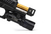 Strike Industries SI-MC-QUAD Micro Threaded Barrel Comp - QUAD, black and gold threaded barrel attached to a firearm with a compact design.