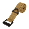 JE Machine Tech TS-BET5 Tactical Nylon Riggers Belt, rolled tan nylon belt with black metal buckle and D-ring on a white background