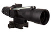 Trijicon TA33-C-400382 ACOG 3x30 Green Crosshair Scope, black 3x30 rifle optic shown at an angle with its mounting base and large objective lens