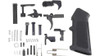 JE Machine Tech JE Machine TS-LPKAR15-RSS Lower Parts Kit with Regular Safety Selector, black firearm lower parts kit with various small metal components, springs, pins, and a black polymer grip.