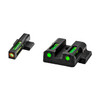 Hi-Viz MPN521 LiteWave H3 Night Sights for M&P Pistols, gun sights featuring daytime and nighttime visibility with 12-year Tritium warranty, shown in black with green glowing sights.