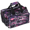Bulldog Cases BD910MDG, Durable Nylon Water-Resistant Gun Case with Adjustable Shoulder Strap & Extra Storage, featuring a camouflage pattern in pink, purple, and black with multiple compartments and sturdy handles.