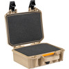 Pelican Vault VCV100-0020-TAN Equipment Case, rugged, weather-resistant, and crushproof protective storage case with foam padding, tan color, and secure latches.
