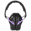 Walker's GWP-FPM1-BKPU Hearing Protection Headphones, black and purple, with cushioned ear cups and adjustable headband for comfortable and compact shooting safety gear with NRR 22dB.