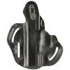 DeSantis Gunhide 001BAB6Z0 High Ride Holster with Thumb Break & Adjustable Tension for Secure Concealed Carry, close-up of the black leather holster with retention strap and adjustable tension screw.