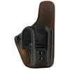 Versacarry VERSACRY CFC IWB GLOCK 43 holster, with a carbon fiber finish and brown leather backing for concealed carry.