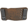 Versacarry VERSACRY ORION IWB/OWB RH BRN SZ1, leather gun holster with adjustable retention, durable brown leather, and black metal clips for concealed or open carry.