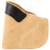 DeSantis Gunhide Pocket-Tuk IWB Holster 111NA02Z0 - Suede Leather, Adjustable Clip for Comfort, Perfect for Concealed Carry, featuring a tan suede leather body with a black leather clip for secure attachment.