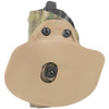 Safariland 6378USN-283-701 Tactical Holster - Durable, Non-Abrasive Nylon Blend for Superior Firearm Protection, close-up view showing the beige nylon holster with black screws and camouflage strap attachment.