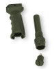 ABC SportZ Ergonomic Ambidextrous Vertical Grip with Storage Compartment FDE, green or tan, featuring a textured grip, storage compartment, and removable mounting attachment.