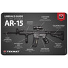 TekMat TEK-R17-AR15-MEDIA, educational infographic showing parts and features of an AR-15 rifle including the laser sniper scope, collapsible stock, full-auto switch, magazine, hair trigger, machine gun grip, flash suppressor, and air vents.