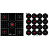 Birchwood Casey DIRTY BIRD COMBO TARGETS 12PK, targets with black backgrounds and red bullseye centers, designed for shooting practice.