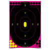 Birchwood Casey SHT-N-C SLHOUT TGT 5-12X18 PNK, a pink and black shooting target with concentric scoring rings and yellow numerals.