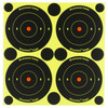 Birchwood Casey BC-34375 Self-Adhesive Shooting Targets - High Visibility for Indoor & Outdoor Practice, four black and yellow bullseye targets with red centers for marksmanship training.