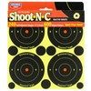 Birchwood Casey BC-34375 Self-Adhesive Shooting Targets - High Visibility for Indoor & Outdoor Practice, image of four black and yellow target sheets with concentric circles and orange bullseyes, and smaller round targets on bright yellow background.