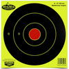 Birchwood Casey BC-35908 Heavy-Duty Shooting Targets for Indoor & Outdoor Ranges - Enhanced Visibility & Durability, close-up of a black and yellow target with red center and concentric rings for shooting practice.