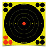 Birchwood Casey BC-34825 Self-Adhesive Shooting Targets for Indoor & Outdoor Ranges - Perfect for Low-Light Conditions, showing a black and yellow target with concentric circles and multiple orange and black self-adhesive target dots around the edges.