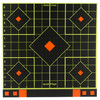 Birchwood Casey BC-34207 Self-Adhesive Shooting Targets, close-up view of black targets with bright orange bullseyes and yellow grid lines, suitable for indoor and outdoor shooting ranges, high visibility for all skill levels.