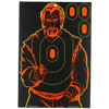 Birchwood Casey BC-34645 Self-Adhesive Shooting Targets, high visibility orange bullseye targets with a graphic image of a man pointing a gun, suitable for indoor and outdoor shooting ranges.