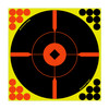 Birchwood Casey BC-34015 Self-Adhesive Shooting Targets for Indoor & Outdoor Ranges, high visibility black and orange bullseye target with bullet impact marks, designed for easy target practice.