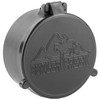 Butler Creek 30390 Flip Scope Cover 39 OBJ, black lens cover with embossed logo of a mountain and horse, designed for ultimate lens protection for hunters and shooters.