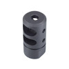 ABC SportZ AR-15/M4 .223 1/2" X 28 TPI Muzzle Brake Black, a black metallic muzzle brake with multiple large venting holes and a threaded end for firearm attachment.