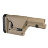 Magpul Industries PRS GEN3 Precision Rifle Stock - Ar15/M16 & Ar10/SR25, tan-colored adjustable rifle stock with tool-less length of pull and cheek piece height, featuring a black rubber butt pad and adjustment knobs.