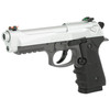 Crosman CM9B, airsoft pistol with black grip and silver slide, equipped with front and rear sights.
