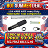 Davidson Defense USA MADE AR15 Heavy Duty Pistol Buffer Tube Complete Kit, various black and metallic firearm parts including a buffer spring, buffer tube, rubber butt pad, and other components on a colorful patriotic-themed background.