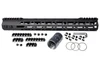 Presma UMMARA15 15" 223/5.56 Super Light M-LOK Free Float Handguard with Partial Top Rail, black, with mounting hardware and accessories.