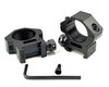 Presma 1" Low Profile Scope Rings for Picatinny Rail, image of two black scope rings with mounting screws and an Allen wrench for installation.