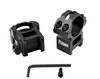 Presma 1 inch Quick Release High Profile Scope Rings for Picatinny Rails, image showing black scope rings with mounting screws and an Allen wrench for installation.