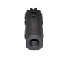 Presma 1/2x28 Competition Grade Muzzle Brake Recoil Compensator for .223/5.56, Steel, Gun Metal Black, front view of the black steel muzzle brake with a threaded end and venting holes for recoil reduction.