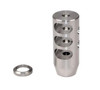 Presma 1/2x28 Muzzle Brake, Stainless Steel - AR-15, metallic cylindrical muzzle device with multiple circular vents and a separate matching washer.