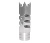 Presma 1/2x28 Tactical Competition Grade Muzzle Brake, Stainless Steel - AR-15, close-up view of the precision-machined stainless steel muzzle brake with multiple ports and a tapered design for recoil reduction.