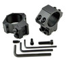 Presma 30mm Medium Profile Scope Rings For Dovetail Narrow Rail, image of two black scope rings with mounting hardware and tools.