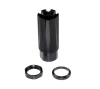 Presma MZ-08-02-B Muzzle Brake, black steel .308 caliber recoil compensator with a knurled body and top ports, shown with its lock nut and washer on a white background.