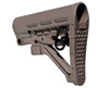 Presma Mil-Spec Adjustable Stock w/ QR Sling Adapter, TAN, close-up view showing the tactical stock with adjustable cheek rest and sling attachment point.