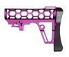 Presma Skeletonized 223/5.56/308 Buttstock for 6 Position Mil-Spec Tube, Purple Anodized Aluminum with Pad, side view of a purple skeletonized rifle buttstock designed with honeycomb cutouts for weight reduction, featuring a black rubber buttpad for comfort and stability.