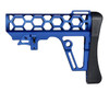 Presma Skeletonized 223/5.56/308 Buttstock for 6 Position Mil-Spec Tubes, Anodized Aluminum with Pad in Dark Blue, showing a hexagonal cutout design and ergonomic grip.