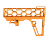 Presma Skeletonized 223/5.56/308 Stock for Mil-Spec Tube, CA Legal Fixed Stock, 6 Position, Orange Anodized Aluminum, lightweight and durable firearm stock with hexagonal cutouts and adjustable features.