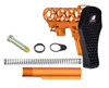 Presma Skeletonized Mil-Spec Stock Assembly - Orange, image of a skeletonized orange stock assembly with black textured butt pad, and additional components including a spring, pin, and screws.