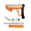 Presma Skeletonized Mil-Spec Stock Assembly - Orange, disassembled with orange stock, buffer tube, spring, and small parts shown.
