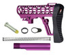 Presma Skeletonized Mil-Spec Stock Assembly - Purple, a purple skeletonized stock with black grip and additional installation components including a buffer tube, magazine, and tool.