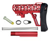 Presma Skeletonized Mil-Spec Stock Assembly - Red, disassembled red skeletonized stock with various components including spring, buffer tube, and hardware.