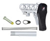 Presma Skeletonized Mil-Spec Stock Assembly - Silver [A25K-S], image of a skeletonized rifle stock assembly with a black textured butt pad, threading components, and installation hardware.